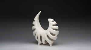 Aneela Dias-D'Sousa's hand built nature inspired ceramic sculpture titled Exuvia in stoneware with white matte surface