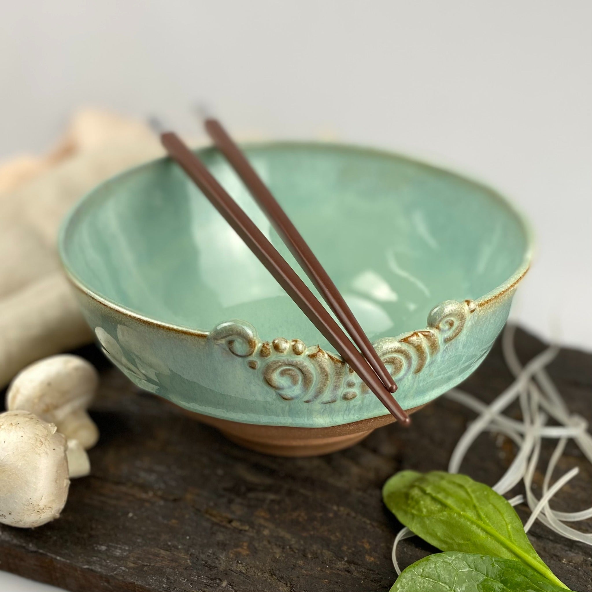 handmade ceramic food safe fresh green noodle pho bowl