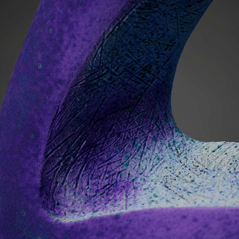 AneelaD detail of Stoneware clay  organic hand built sculpture with matt bright purple glaze