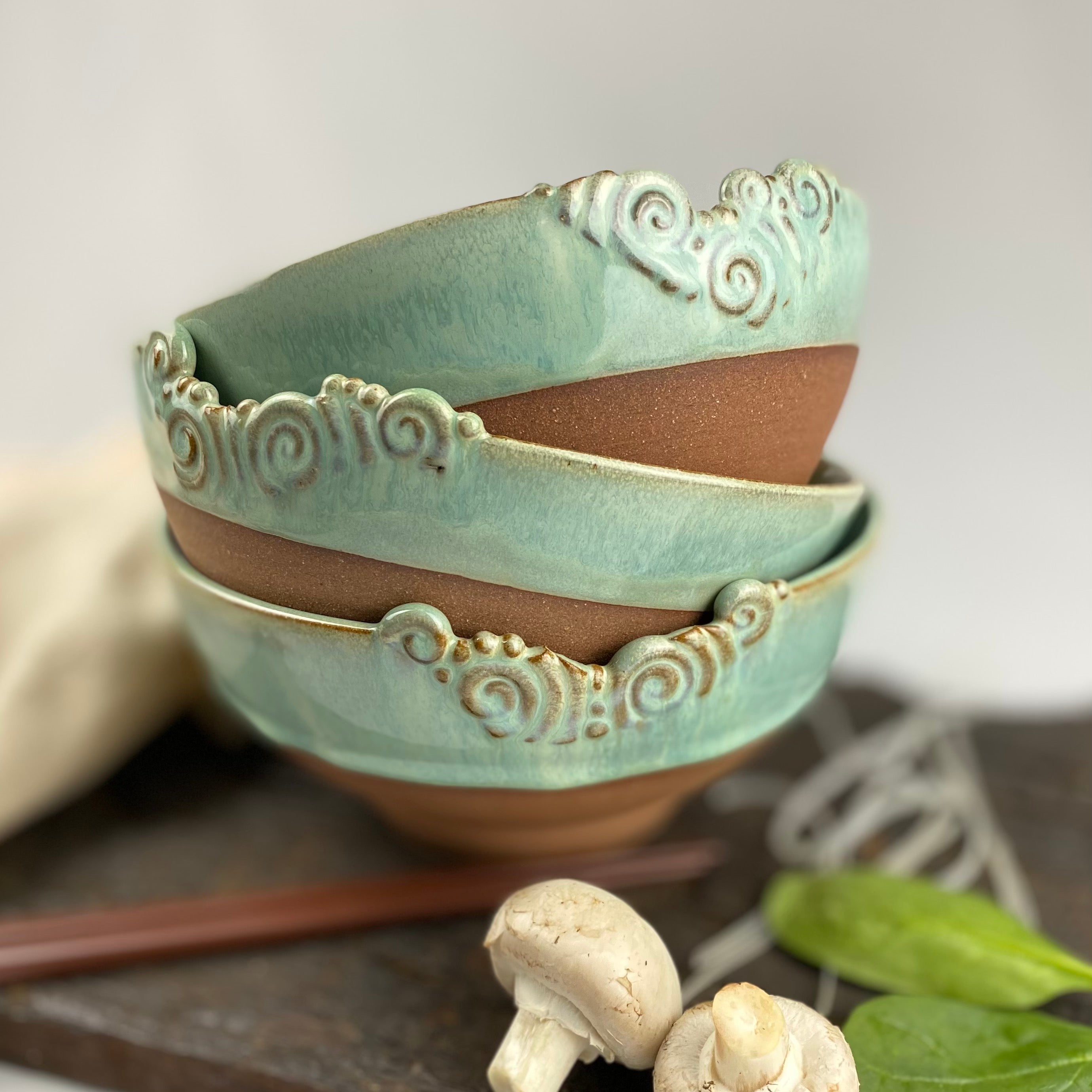 handmade food safe pottery noodle pho turquoise bowl stacked