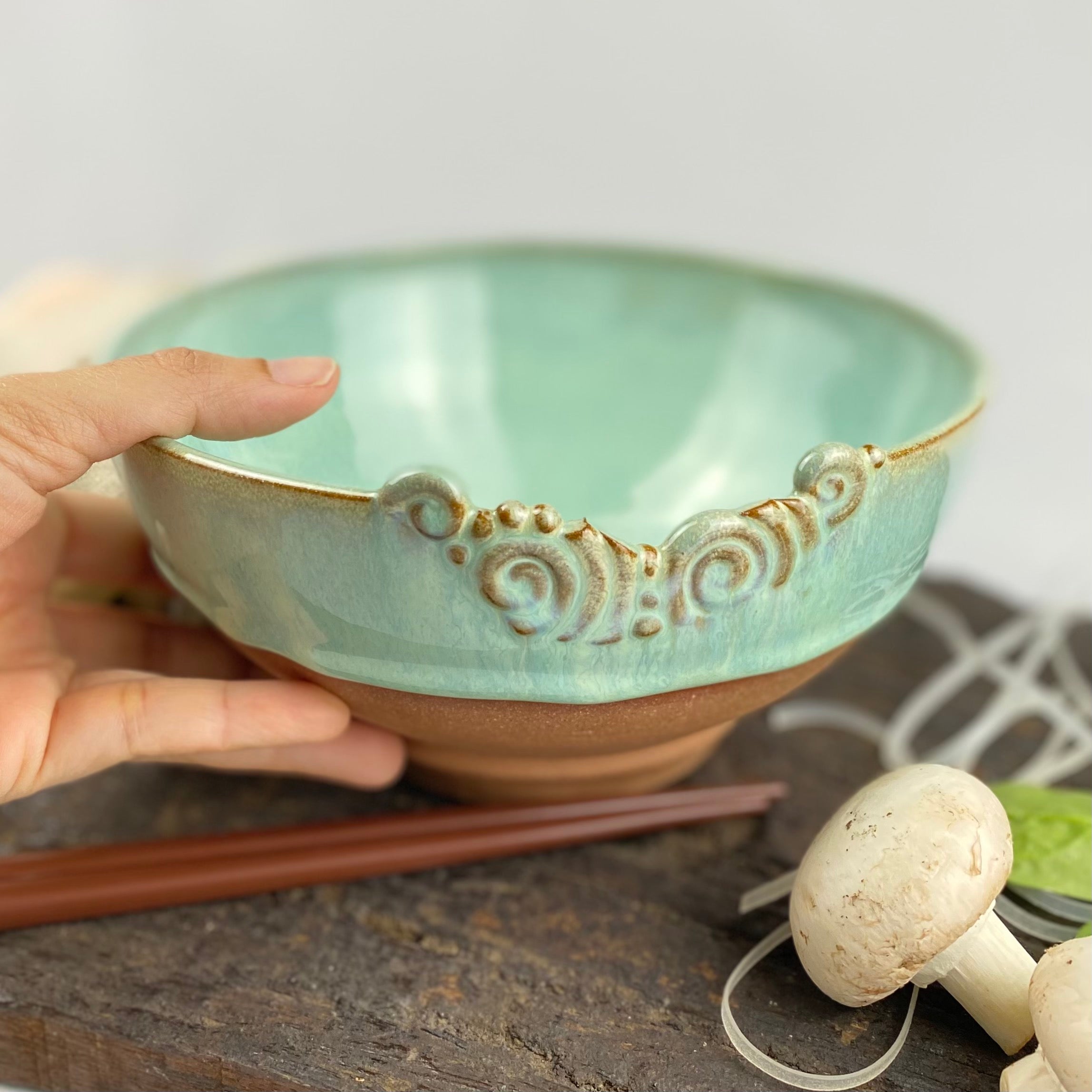 Turquoise handmade pottery bowl for pho with chopstick rest with