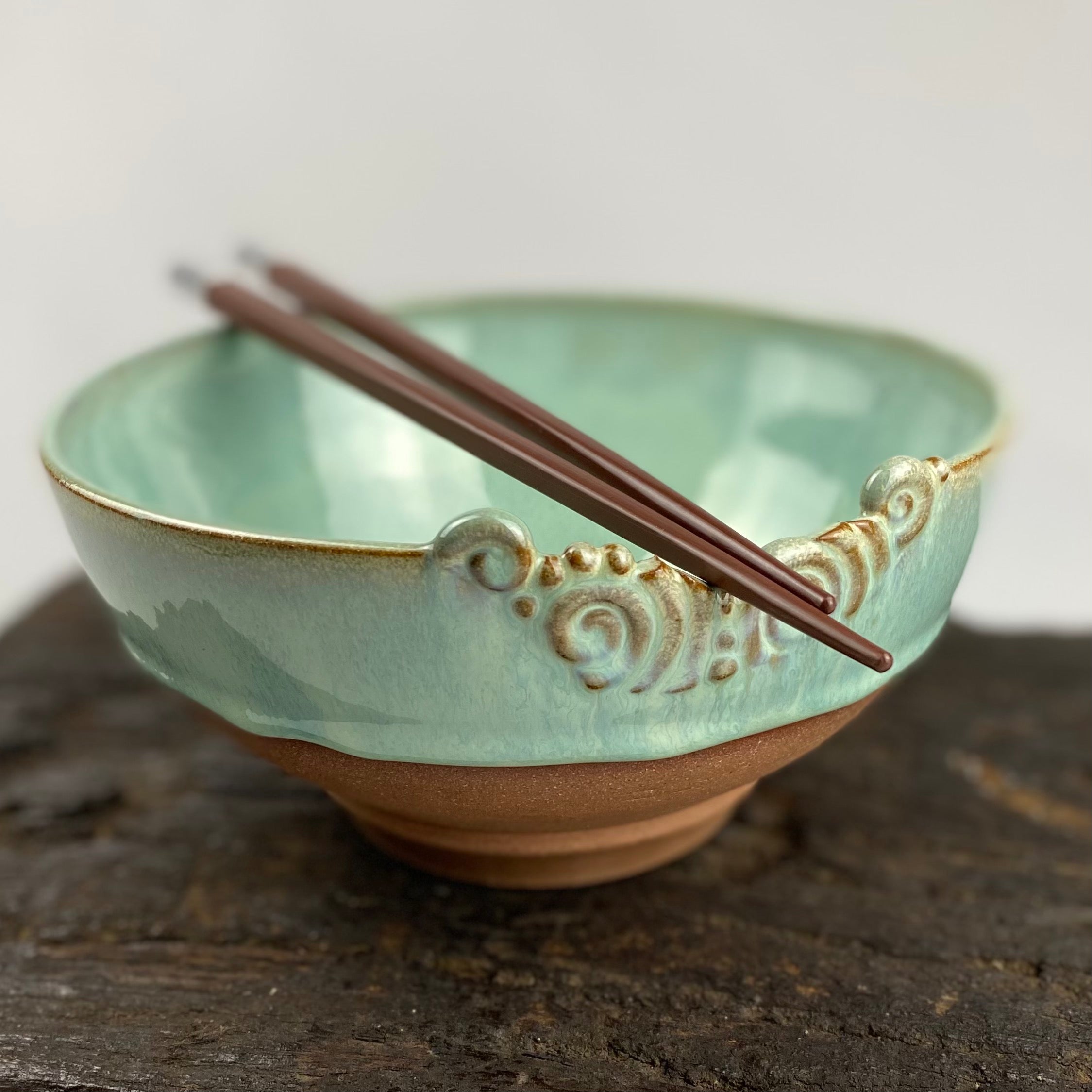 pottery wheel thrown noodle bowl with chopstick rest